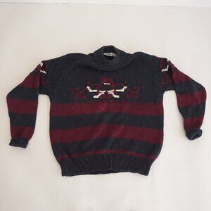 Vintage Cellini Black Burgundy Knit Stripe Horse Equestrian Western Grandma XL